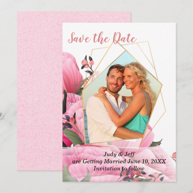 Convites Rosa Floral de Primavera Casamento Save the Date (Frente/Verso)