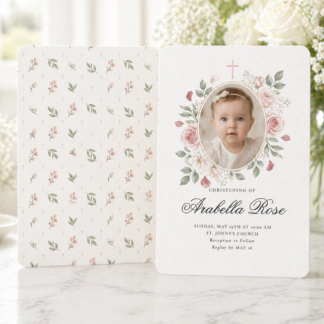 Convites Rosa Floral de Rosa Blush Script Foto (Elegant Pink Floral Christening Invitation with Photo)