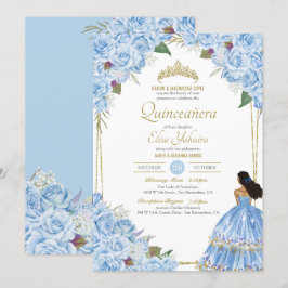 Convites Rosa Floral de Vestido Elegante de Quinceanera Azu