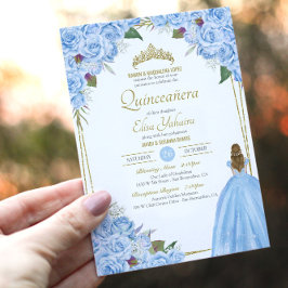 Convites Rosa Floral de Vestido Elegante de Quinceanera Azu