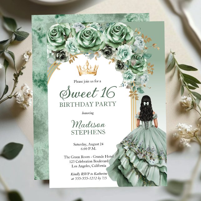 Convites Rosa Floral Doce Floral do Elegante Sage Green 16  (Elegant Sage Green Rose Floral Princess-Theme Brunette Dk Haired Sweet 16 Invitation )