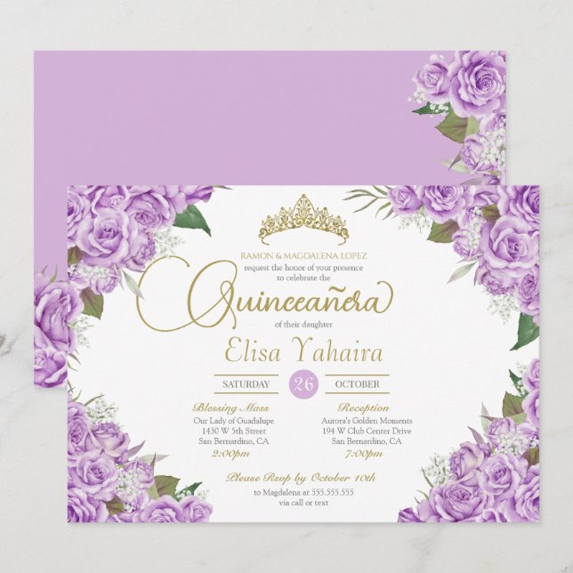 Convites Rosa Floral Dourada Tiara Quinceanera (Frente/Verso)