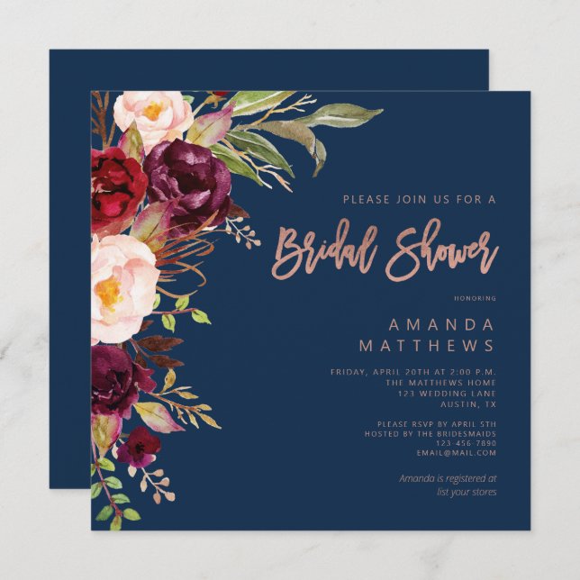 Convites Rosa Floral Dourado Chá de panela azul (Frente/Verso)