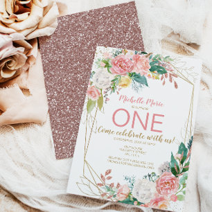 Convites Rosa Floral Dourado Rosa Vintage Primeiro Anivers