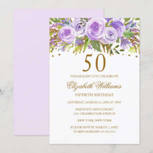 Convites Rosa Floral Dourado roxo 50º Aniversário