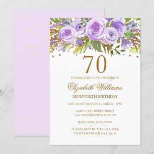 Convites Rosa Floral Dourado Roxo Aniversário de 70 anos