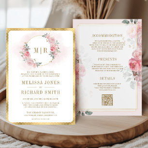 Convites Rosa Floral Dourado Suave Tudo em Um Casamento