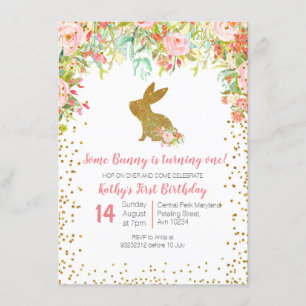 Convites Rosa Floral e Dourado Bunny Birthday