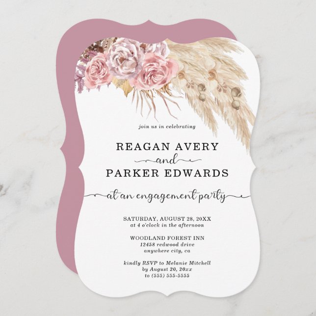 Convites Rosa Floral e Noivado púrpura da grama-Pampas (Frente/Verso)