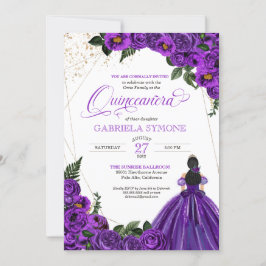 Convites Rosa Floral Elegante Roxo Quinceanera
