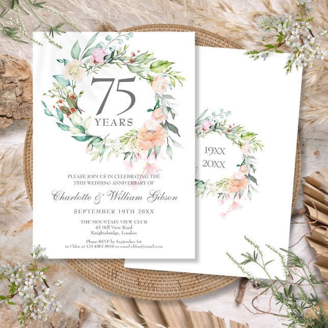 Convites Rosa Floral Garland 75º aniversário de casamento (Roses Floral Garland 75th Wedding Anniversary Invitation)