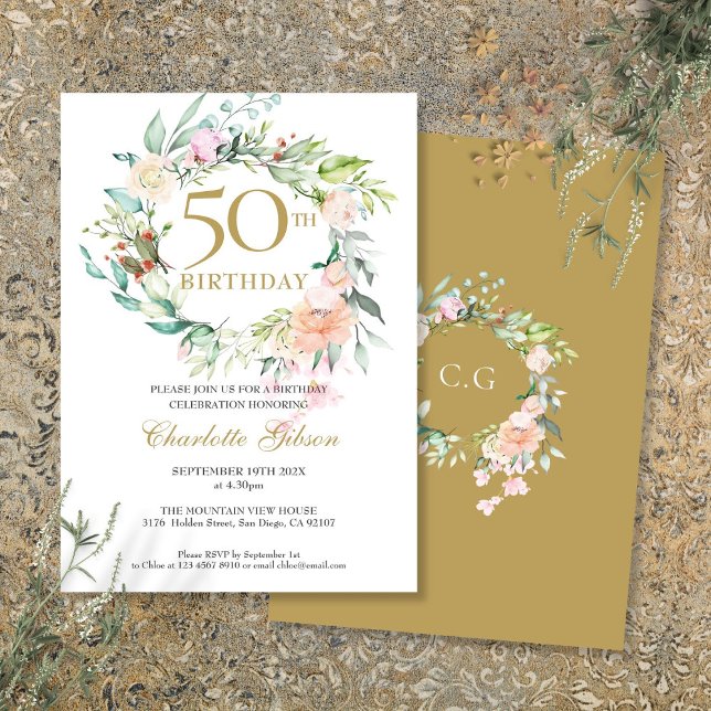Convites Rosa Floral Garland Monograma 50º Aniversário (Roses Floral Garland Monogram 50th Birthday Invitation)
