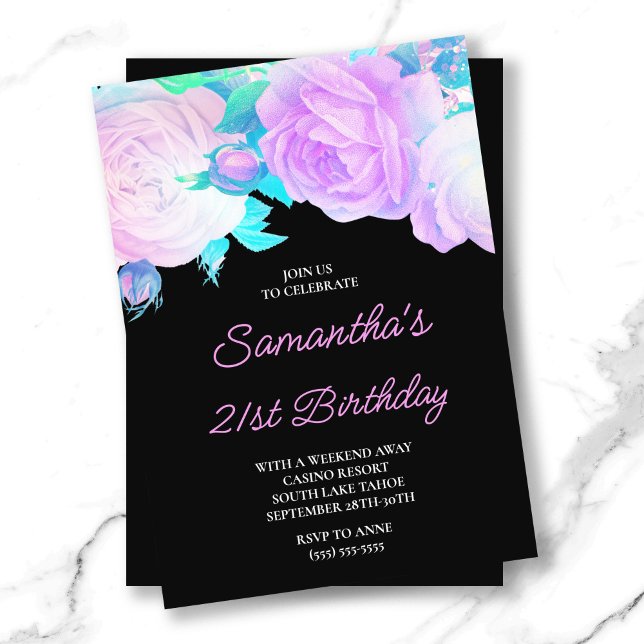 Convites Rosa Floral Iridescente e aniversário de 21 anos N (Iridescent Floral Pink and Black 21st Birthday Invitation)