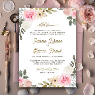 Convites Rosa Floral Islâmico Muçulmano Casamento Pastel Su