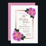 Convites Rosa Floral Jantar Dourado Border 60th Birthday<br><div class="desc">Um elegante convite de festas de 60 anos de janto floral cor-de-rosa com uma borda de ouro rosa e texto dourado.</div>