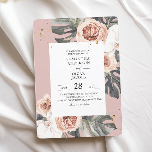 Convites Rosa Floral Moderno e Folha Tropical Verde & Orquí