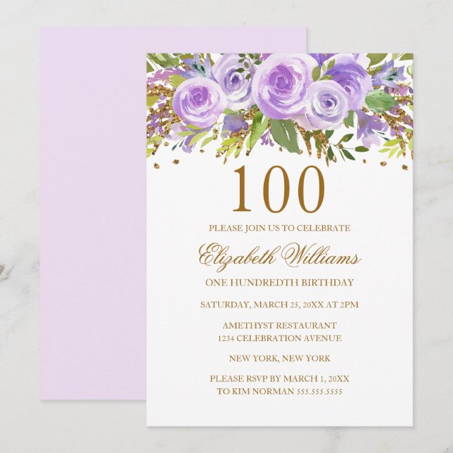 Convites Rosa Floral Ouro Roxo 100º Aniversário (Frente/Verso)