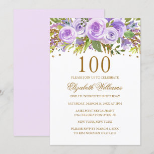 Convites Rosa Floral Ouro Roxo 100º Aniversário