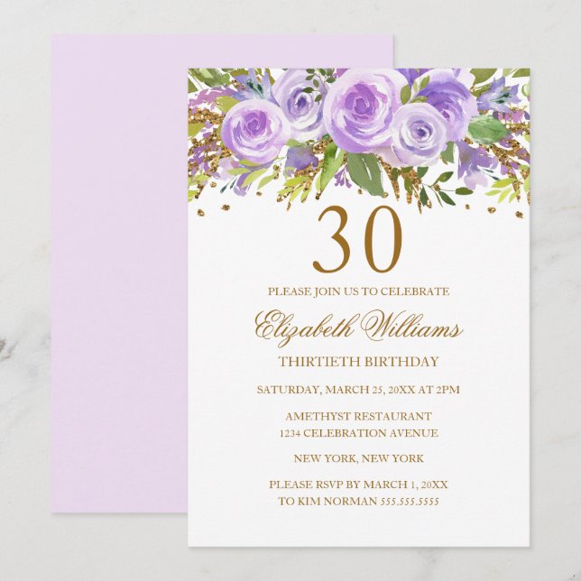 Convites Rosa Floral Ouro Roxo Aniversário de 30 Anos (Frente/Verso)