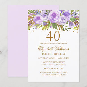 Convites Rosa Floral Ouro Roxo Aniversário de 40 anos