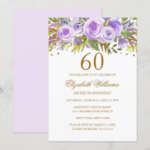 Convites Rosa Floral Ouro Roxo Aniversário de 60 anos