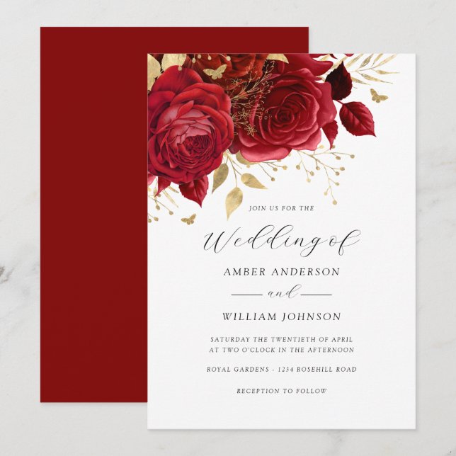 Convites Rosa Floral Ouro Vermelho Casamento   (Frente/Verso)