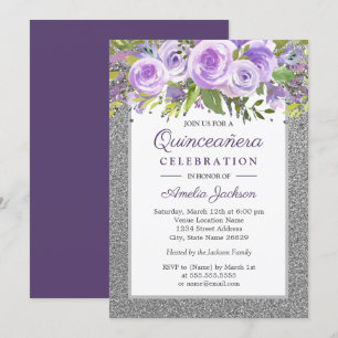 Convites Rosa Floral Prata Roxa Quinceanera