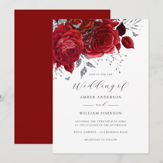 Convites Rosa Floral Prata Vermelha Casamento   (Frente/Verso)