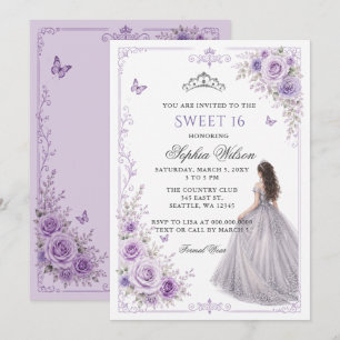 Convites Rosa Floral Princesa Doce 16 Prata Roxo