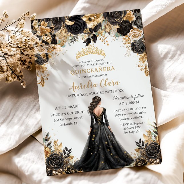 Convites Rosa Floral Princesa Dourada Negra Quinceañera (ornate baroque black and gold floral brunette girl black dress quinceanera birthday invitation cards)