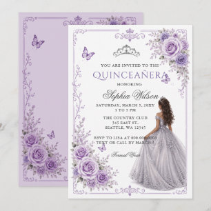 Convites Rosa Floral Princesa Prata Roxo Quinceañera