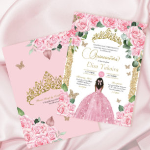 Convites Rosa Floral Princesa Quinceanera, Borboleta Rosa