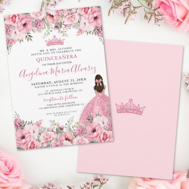 Convites Rosa Floral Quinceanera (Floral Rose Pink Quinceanera Invitation)