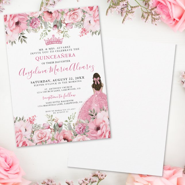 Convites Rosa Floral Quinceanera Rosa (Floral Rose Pink Quinceanera Invitation)