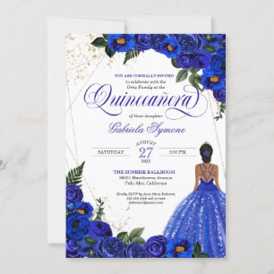 Convites Rosa Floral Real Azul e Quinceañera Elegante Dour