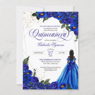 Convites Rosa Floral Real Azul e Quinceañera Elegante Dour