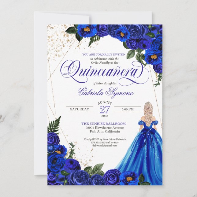 Convites Rosa Floral Real Azul e Quinceañera Elegante Doura (Frente)