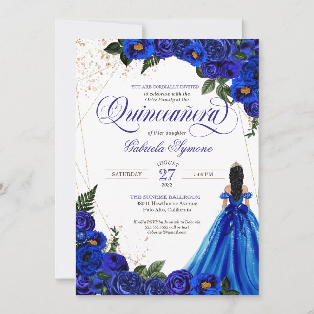 Convites Rosa Floral Real Azul e Quinceañera Elegante Doura (Frente)
