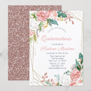Convites Rosa Floral Rosa Dourado Glitter Quinceañera Anive