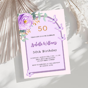 Convites Rosa floral roxo arco borboletas Aniversário