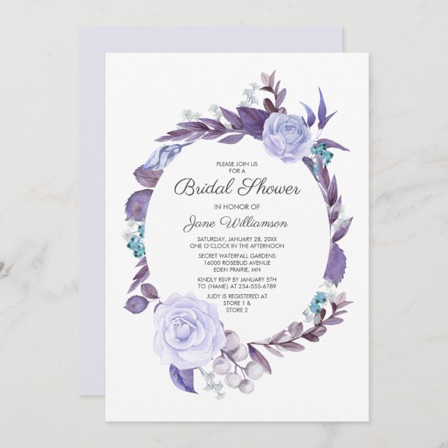 Convites Rosa Floral Roxo Folhas Chá de panela (Frente/Verso)