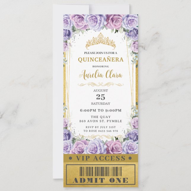 Convites Rosa Floral Roxo Quinceañera Docinho 16 VIP (Frente)