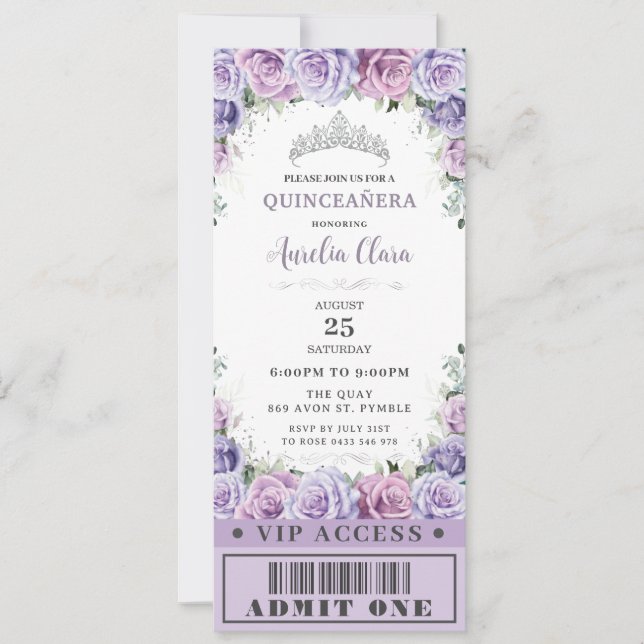 Convites Rosa Floral Roxo Quinceañera Docinho 16 VIP (Frente)