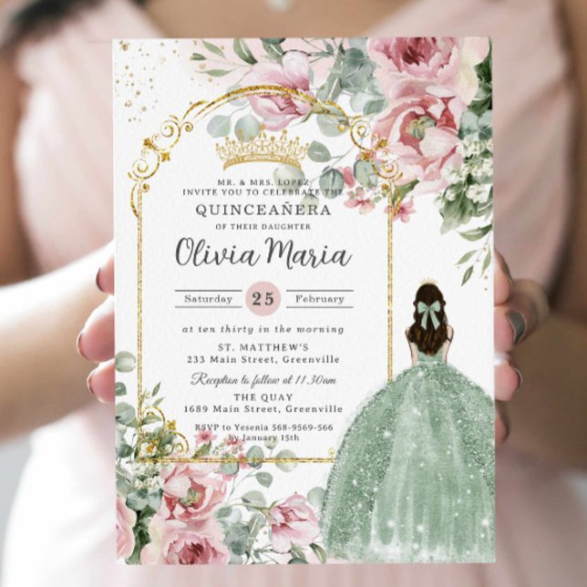 Convites Rosa Floral Salvia Verde Quinceañera Doze Anos (Criador carregado)
