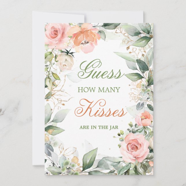 Convites Rosa, floral, verde, adivinhem quantos beijos se j (Frente)