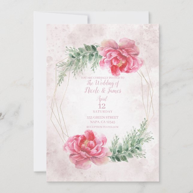 Convites Rosa Floral Verde Água-tinta Casamento (Frente)