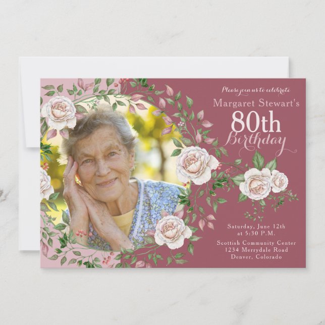 Convites Rosa Floral Wreath Photo Birthday (Frente)