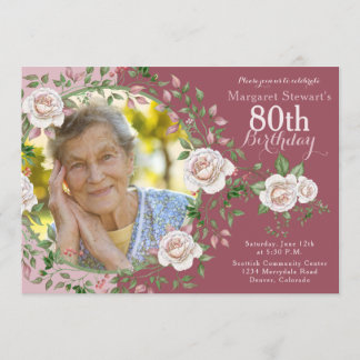 Convites Rosa Floral Wreath Photo Birthday