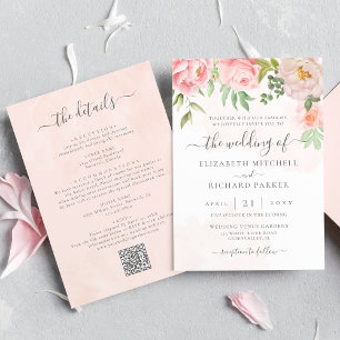 Convites Rosa Flores de Peônia Floral Código QR Casamento T