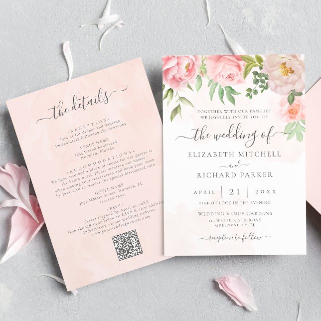 Convites Rosa Flores de Peônia Floral Código QR Casamento T (Criador carregado)